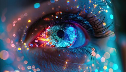 The Optical Biometrics Eye Futuristic Cyberspace Technology Neural Network with Beautiful Colors Scan