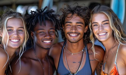 Fototapeta premium Smiling at the camera, a group of best friends, including guys and girls, hang out together on a summer day, their laughter echoing as they enjoy each other's company.