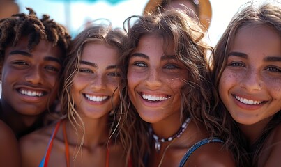 Fototapeta premium Smiling at the camera, a group of best friends, including guys and girls, hang out together on a summer day, their laughter echoing as they enjoy each other's company.