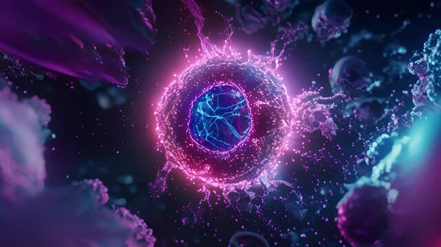 Fluorescent microscopy image of an activated B lymphocyte surrounded by a glowing ring of antigens.