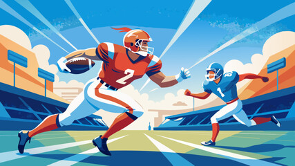 football player with ball Super bowl players versus. American football player. Sportsman with ball in helmet on stadium in action. Sport and motivation