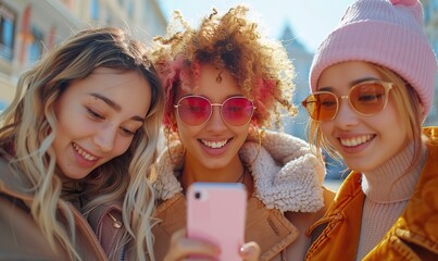 Multiracial young women using smart mobile phone devices outside, happy female friends watching a funny video on smartphones in a trendy technology lifestyle concept.