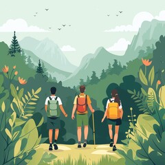 Three friends hike through a lush forest with mountain views in the distance.