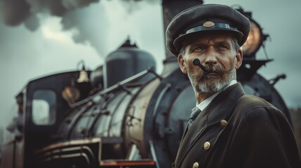 A stern train conductor with a gray beard, wearing a uniform and cap, stands next to a vintage steam train, with a dramatic smoke-filled background highlighting the scene.