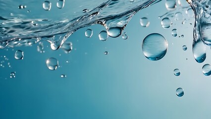 Water wavy surface texture with bubbles and splashes on light pastel blue background. Clear water, abstract nature backdrop. Close-up view, copy space image. Generative AI.