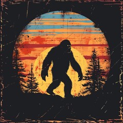 An artistic silhouette of Bigfoot at sunset over forested hills with intense and dramatic colors, representing the enigmatic blend of the natural and mythical world.