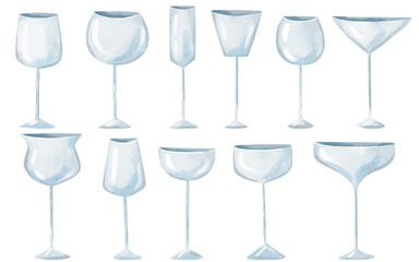 Collection of glass glasses for wine and champagne. Wine glasses for alcoholic drinks and cocktails. Hand drawn illustration on isolated background