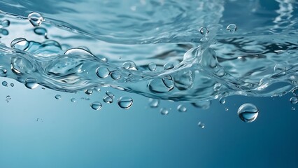 Water wavy surface texture with bubbles and splashes on light pastel blue background. Clear water, abstract nature backdrop. Close-up view, copy space image. Generative AI.