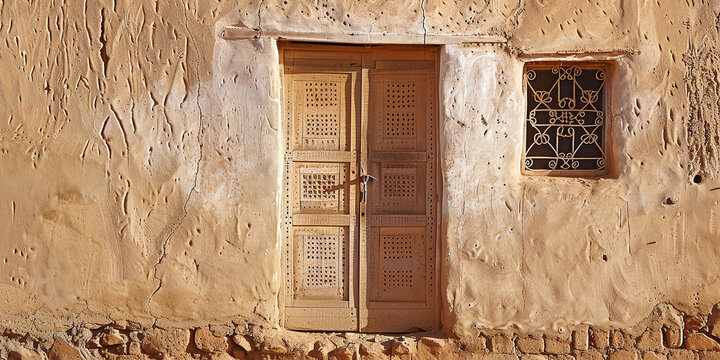 A traditional wooden door on the wall of an old mud house in Alula
