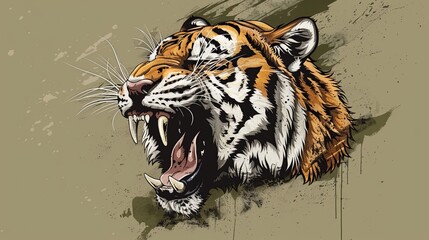 Obraz premium An intricately illustrated tiger with its mouth wide open in a fierce pose, set against a green splatter background, showcasing the raw power and intensity of the wild animal.