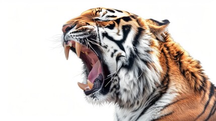 Fototapeta premium A side view illustration of a roaring tiger with its sharp fangs fully exposed. The menace and strength of the tiger are depicted with vivid detail and accuracy.