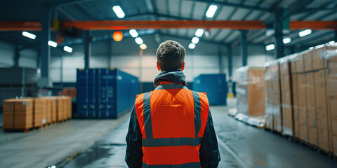 A lone worker in a bright orange vest stands in a large warehouse with his back to the viewer. He looks at a large blue shipping container and a row of cardboard boxes.