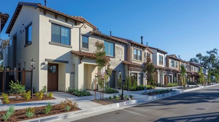 Fototapeta premium A photograph showcasing modern residential houses lined up in a neat suburban neighborhood, beautifully maintained with landscaping and clear blue skies enhancing the appeal.