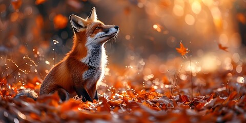 A fox in an autumn landscape with vibrant leaves and playful lighting