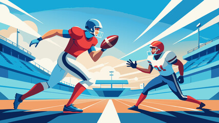 football player with ball Super bowl players versus. American football player. Sportsman with ball in helmet on stadium in action. Sport and motivation