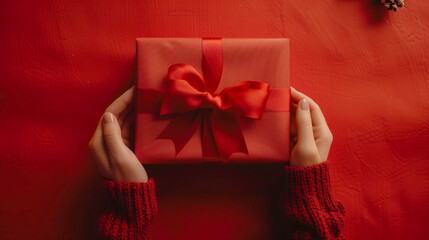 Hands holding a red gift box with a ribbon on a red background. Ideal for holiday promotions, gift-giving themes, and celebrations, symbolizing love and gratitude.