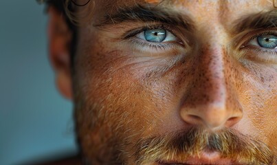 Fototapeta premium Handsome young Caucasian man looks into the camera in an outdoor half-face close-up portrait.