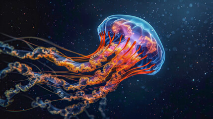 A vibrant jellyfish glides through the deep blue ocean, illuminated in neon. Perfect for themes of marine life, mystery, and the beauty of nature's complexities.