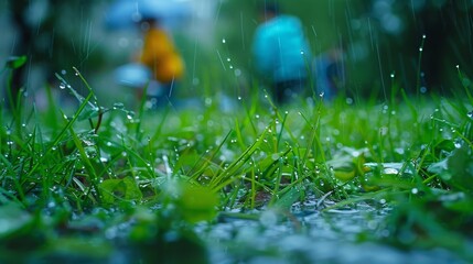 Raindrops falling on vibrant green grass with blurred figures in the background