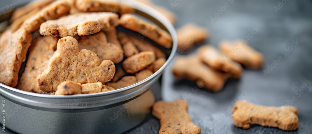 Poster  A metal bowl brimming with dog treats sits beside a mound of cut-up dog biscuits on the table