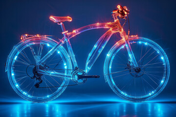 Fototapeta premium A sleek bicycle wrapped in a luminous, almost transparent neon sheet, on a plain gray background,