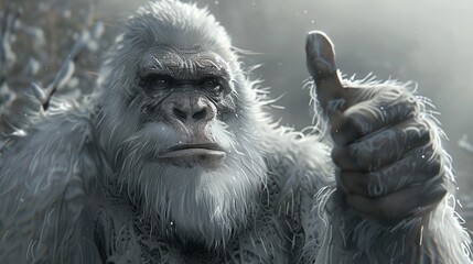 A white ape is featured giving a thumbs up in a frosty environment, with snow-covered surroundings emphasizing its positive and cheerful demeanor.