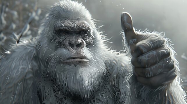 A white ape is featured giving a thumbs up in a frosty environment, with snow-covered surroundings emphasizing its positive and cheerful demeanor.