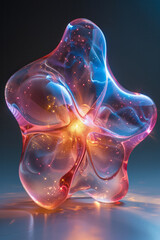 A floating, abstract star-like form encased in a neon, almost transparent film, against a solid gray backdrop,