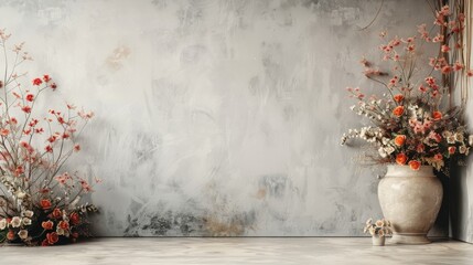 Minimalistic interior design with dried flowers in a vase against a textured concrete wall