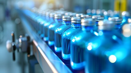 Obraz premium Streamlined Packaging Line: Automated Efficiency with Sealed Gas Containers on Conveyor Belt