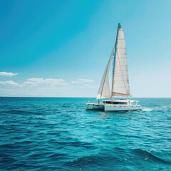 Fototapeta premium Catamaran against the background of the sea, sky, clouds. Travel, vacation, sailing.