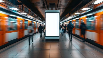 Blank billboard at a subway station, with commuters walking on the platform