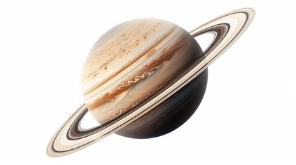 This 3D rendered image features a realistic ringed planet with rich textures and intricate details, set against a light background, perfect for space enthusiasts.