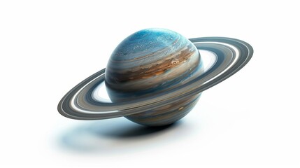 Obraz premium This image showcases a highly detailed 3D render of a blue planet adorned with intricate rings, set against a clean, white backdrop providing a contrast to the vivid planet.