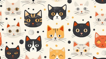 Seamless pattern with cute hand drawn cat faces on light background