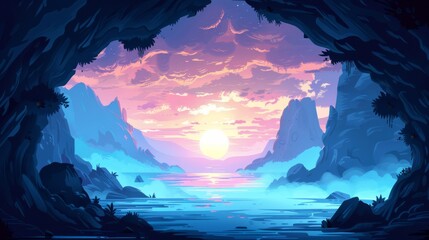 Misty lake at sunset with vibrant sky and rocky cave entrance in foreground