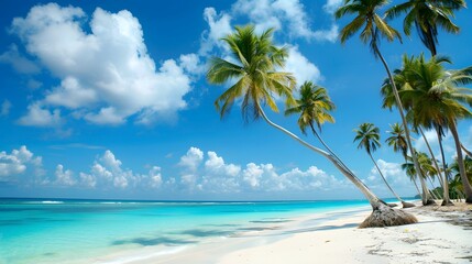 Idyllic tropical beach with turquoise waters, white sand, and lush palm trees, creating a relaxing and exotic atmosphere. 
