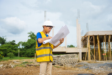 An architect, wearing a hardhat and safety vest, checks a laptop and house plan paper on a...