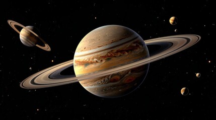 Naklejka premium A vivid illustration of Saturn highlighting its vibrant rings and numerous orbiting moons, set against the boundless blackness of space, capturing the planet's dynamic atmosphere.