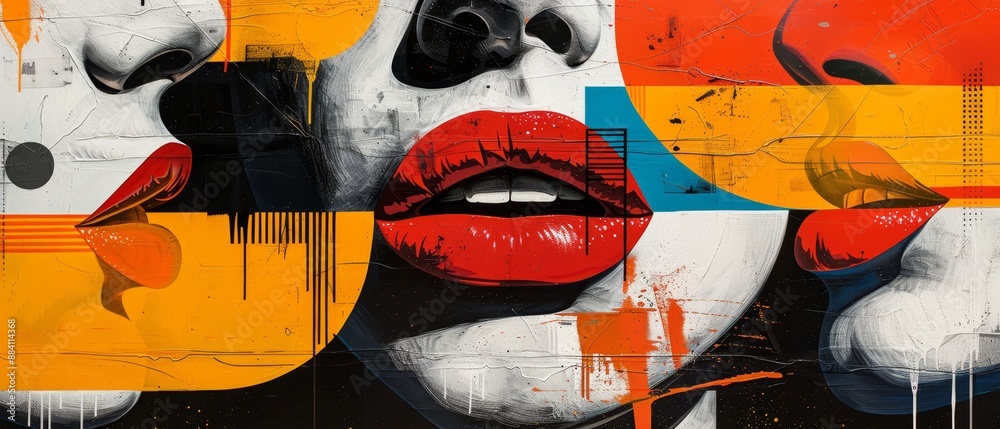 Poster red lips, yellow highlights, blue shadows, white outline