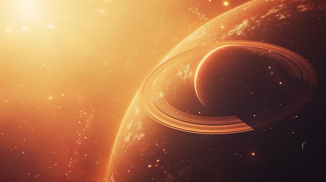 Artistic representation of Saturn with golden hues illuminating its surface and rings, set against a warm, glowing backdrop with a shadowed smaller moon.
