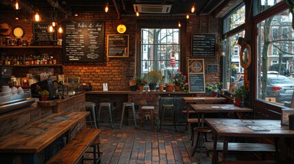 Warm and Cozy Coffee Shop Interior with Rustic Charm and Inviting Atmosphere, Ideal for Advertisement Design Space