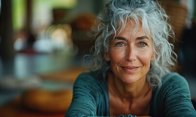 A close-up portrait of a joyful senior woman attending a yoga class.
