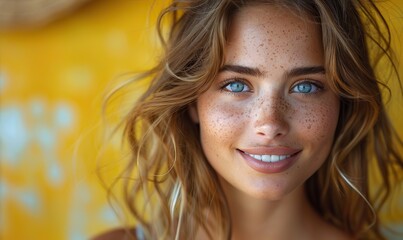 Fototapeta premium A portrait of a happy young woman smiling at the camera is isolated on a bright yellow background.