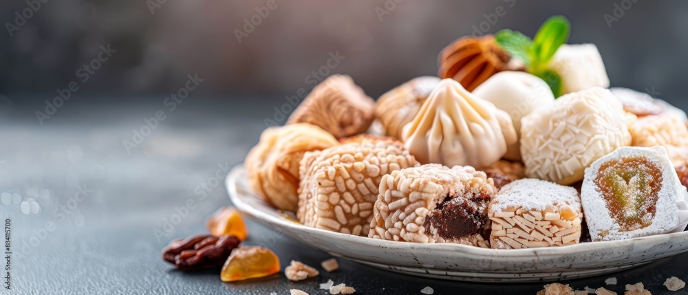 Canvas Prints a tight shot of a bowled meal on a table, adorned with nuts and raisins nearby