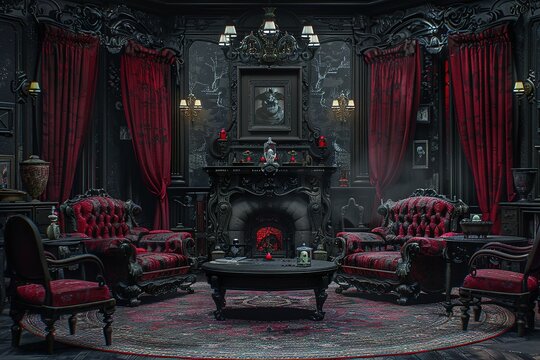 Haunted Mansion Parlor with antique furnishings, a spooky, haunted mansion theme. Haunted mansion home decor.