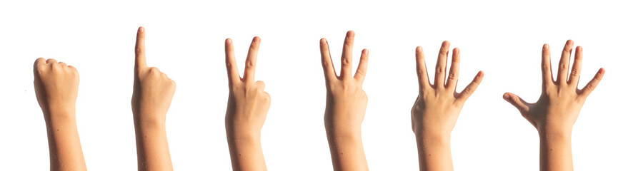 Childs hand counting fingers. zero, one, two, three, four, five, numbers isolated. Gestures for...