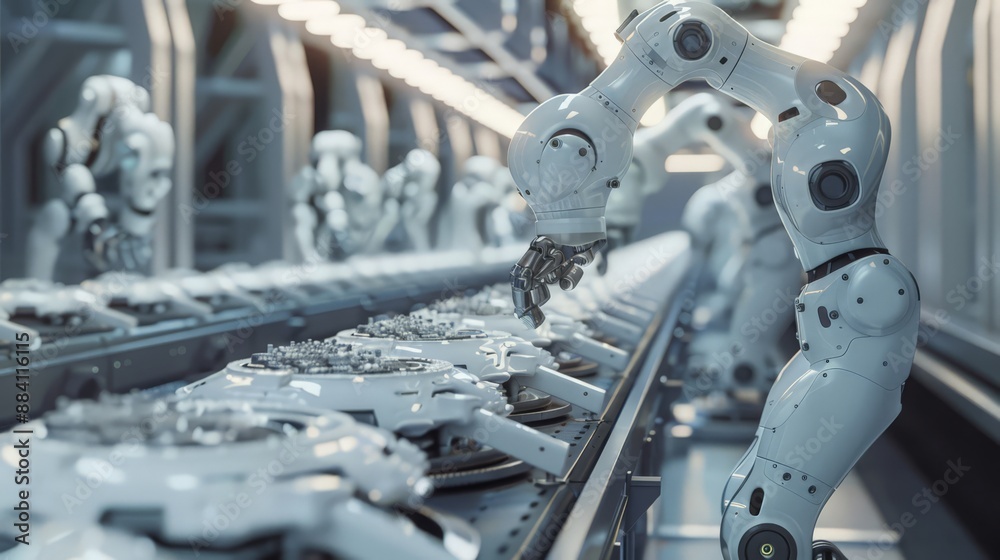 Aufkleber capture a futuristic assembly line where robots are 3d printing and assembling complex structures, s