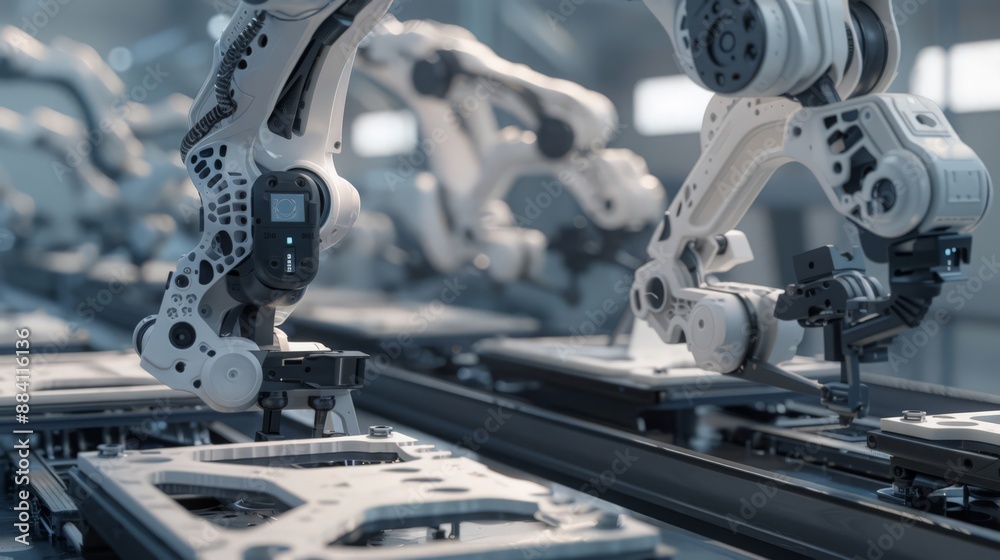 Aufkleber capture a futuristic assembly line where robots are 3d printing and assembling complex structures, s