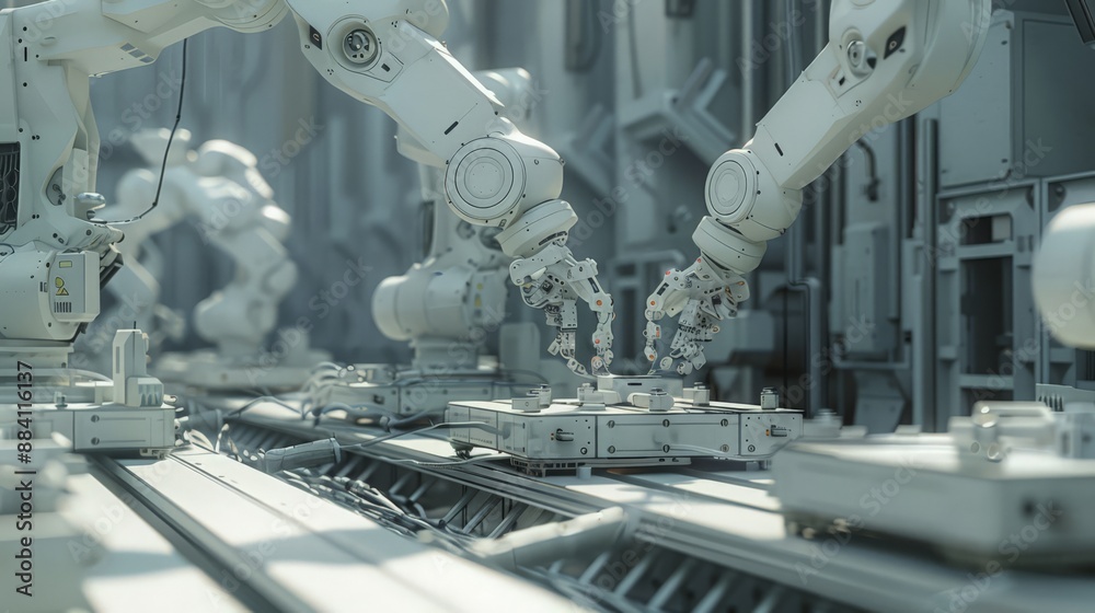 Poster capture a futuristic assembly line where robots are 3d printing and assembling complex structures, s
